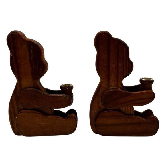 Set of 2 Vintage Wooden Bear Candle Holders - Picture 1 of 5
